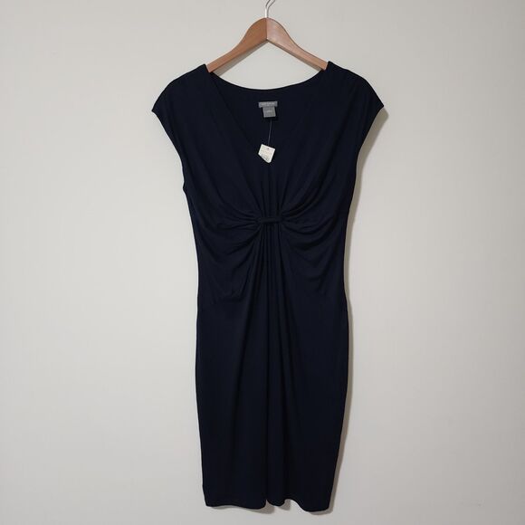 NWT Ann Taylor Womens Ruched Front Dress Solid Navy Blue Jersey Office Casual Sm - Picture 1 of 7